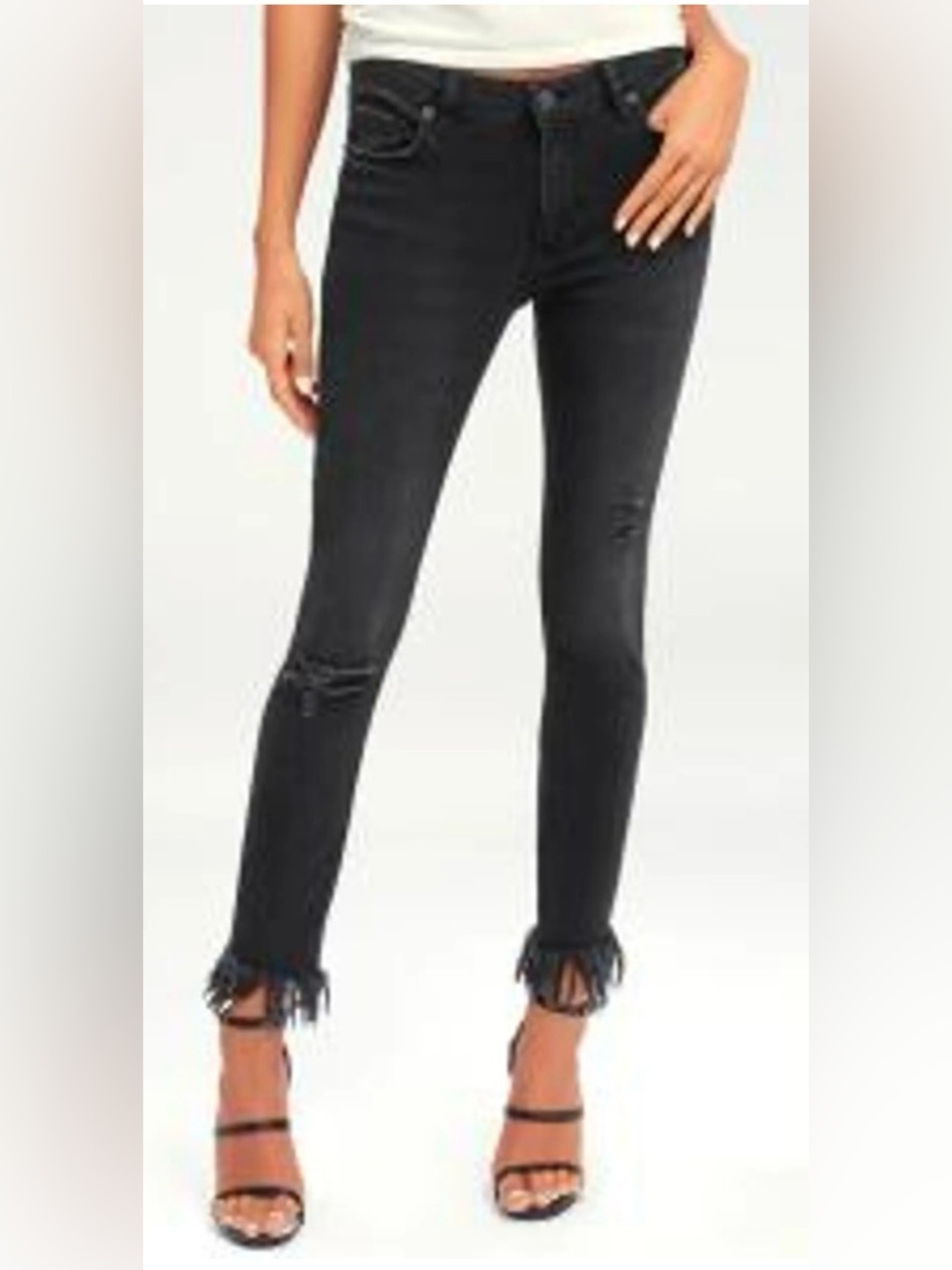 Free People Black Distressed Skinny Jeans with Frayed Hem